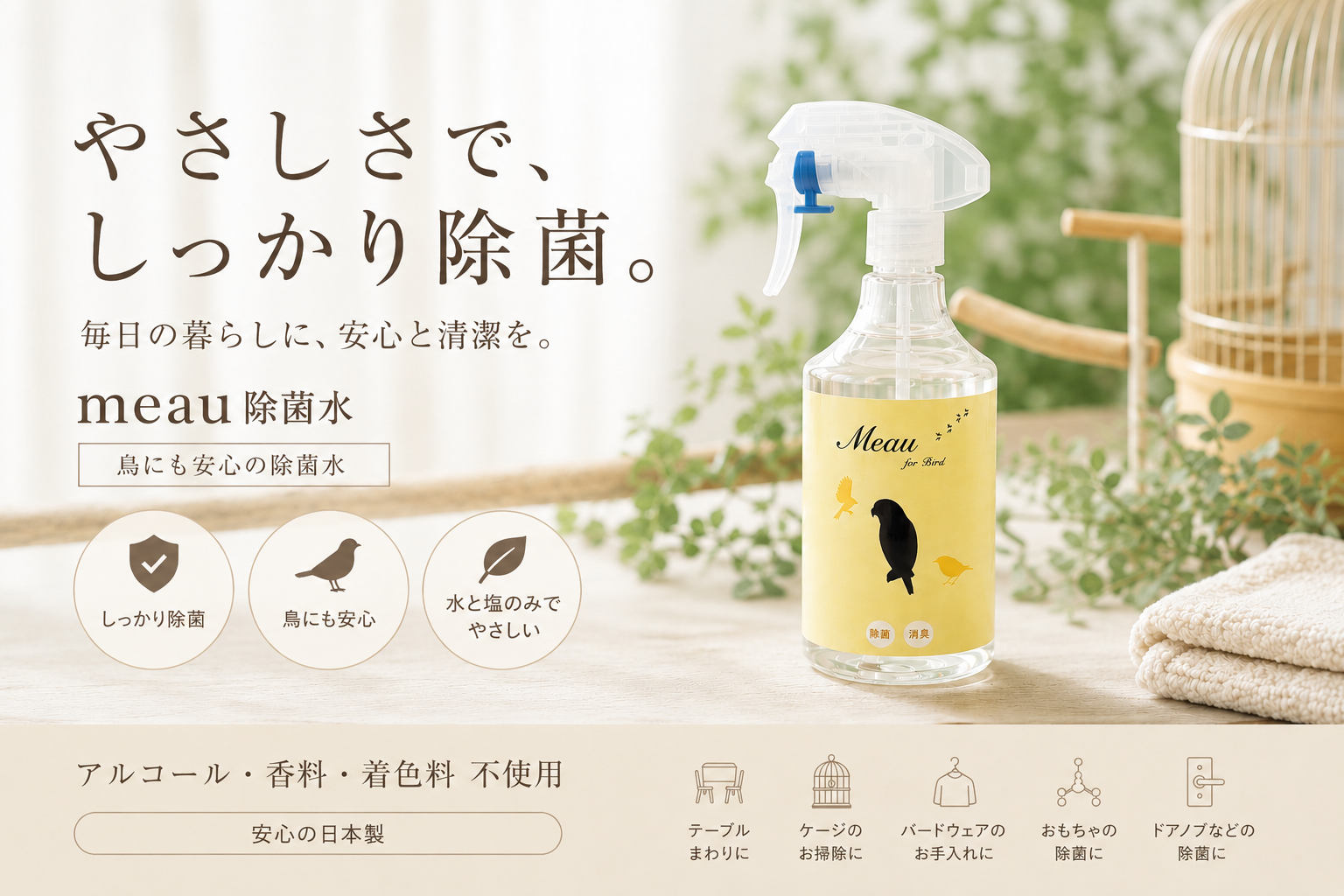 インコの健康を守る！除菌水Meauで安心な毎日を。